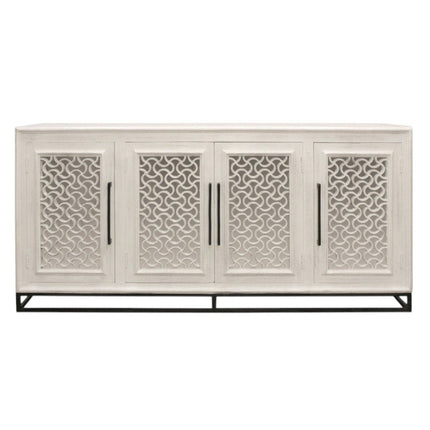 76" Antiqued White Distressed Solid Wood Carved Geometric Sideboard with Four Doors HomeRoots