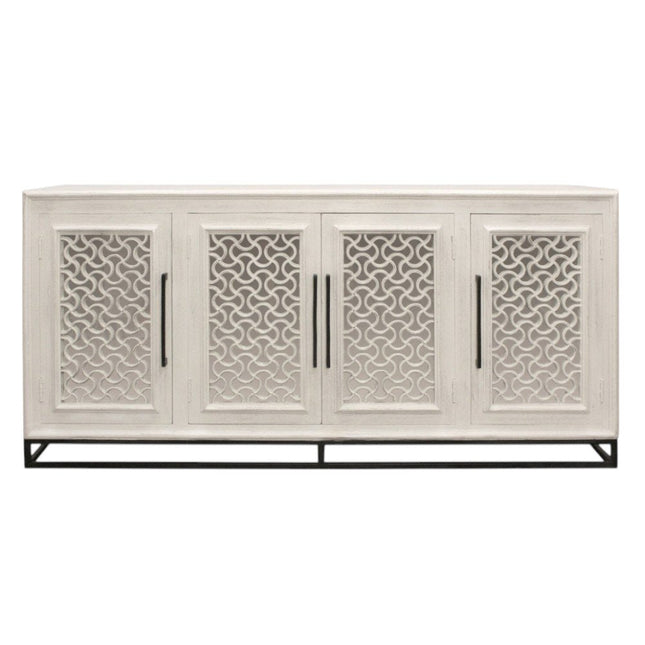 76" Antiqued White Distressed Solid Wood Carved Geometric Sideboard with Four Doors HomeRoots