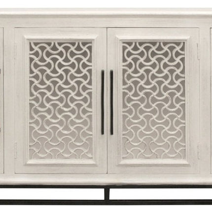76" Antiqued White Distressed Solid Wood Carved Geometric Sideboard with Four Doors HomeRoots