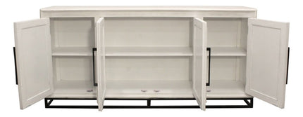 76" Antiqued White Distressed Solid Wood Carved Geometric Sideboard with Four Doors HomeRoots