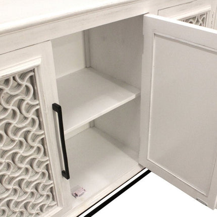 76" Antiqued White Distressed Solid Wood Carved Geometric Sideboard with Four Doors HomeRoots