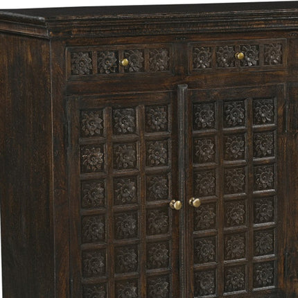 72" Black Distressed Solid Wood Carved Floral Four Drawer Sideboard with Four Doors HomeRoots