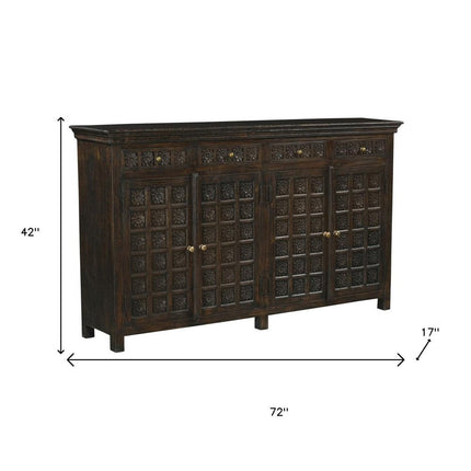 72" Black Distressed Solid Wood Carved Floral Four Drawer Sideboard with Four Doors HomeRoots