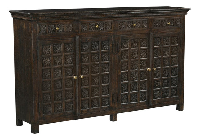 72" Black Distressed Solid Wood Carved Floral Four Drawer Sideboard With Four Doors HomeRoots