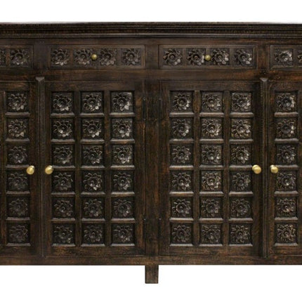 72" Black Distressed Solid Wood Carved Floral Four Drawer Sideboard with Four Doors HomeRoots