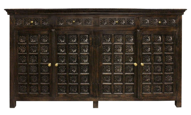 72" Black Distressed Solid Wood Carved Floral Four Drawer Sideboard With Four Doors HomeRoots