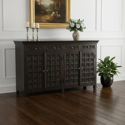 72" Black Distressed Solid Wood Carved Floral Four Drawer Sideboard with Four Doors HomeRoots