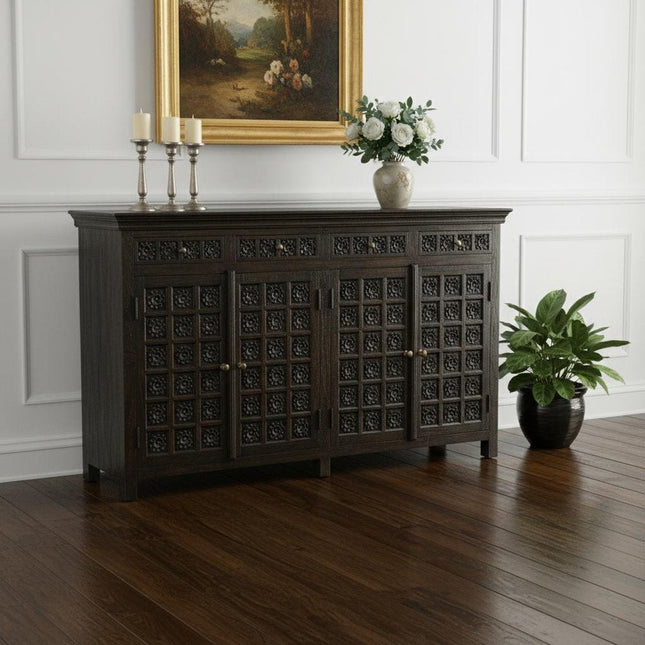 72" Black Distressed Solid Wood Carved Floral Four Drawer Sideboard with Four Doors HomeRoots