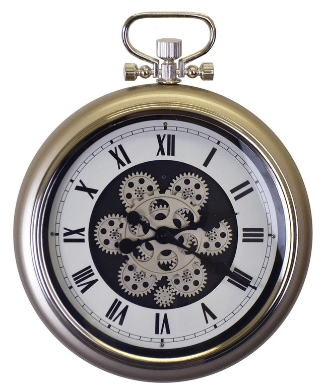 16" Champagne White And Black Iron Skeleton Exposed Gear Pocket Watch Wall Clock HomeRoots