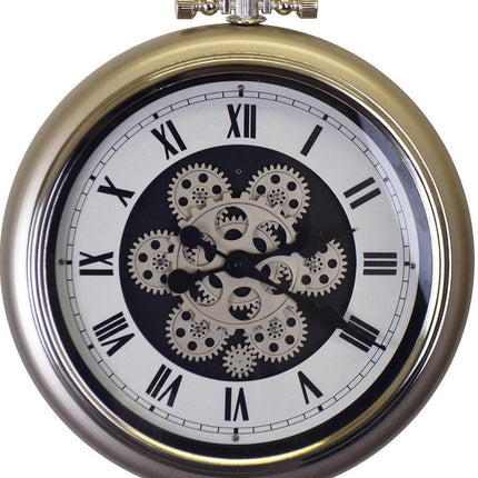 16" Champagne White And Black Iron Skeleton Exposed Gear Pocket Watch Wall Clock HomeRoots