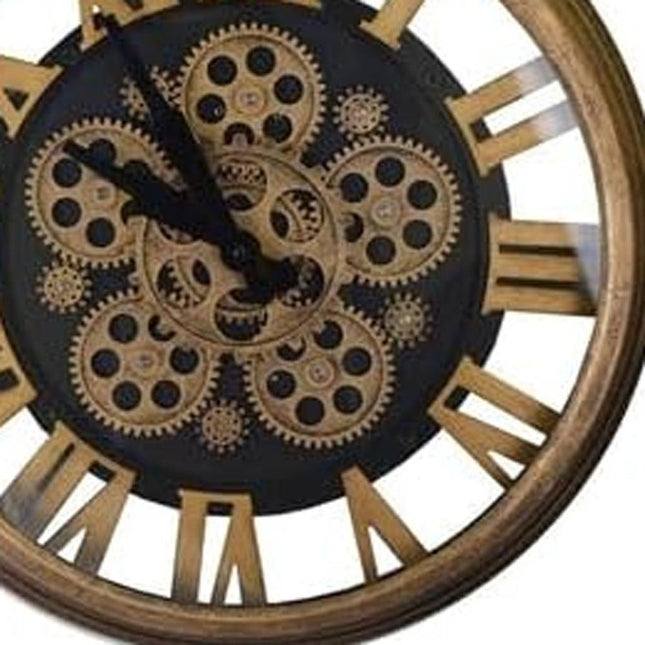 18" Antiqued Gold And Black Iron Silent Skeleton Exposed Gear Round Wall Clock HomeRoots