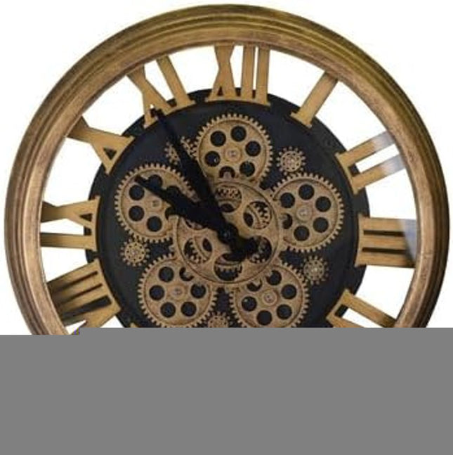 18" Antiqued Gold And Black Metal Silent Skeleton Exposed Gear Round Wall Clock HomeRoots