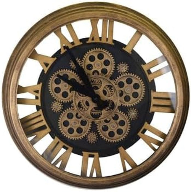 18" Antiqued Gold And Black Iron Silent Skeleton Exposed Gear Round Wall Clock HomeRoots