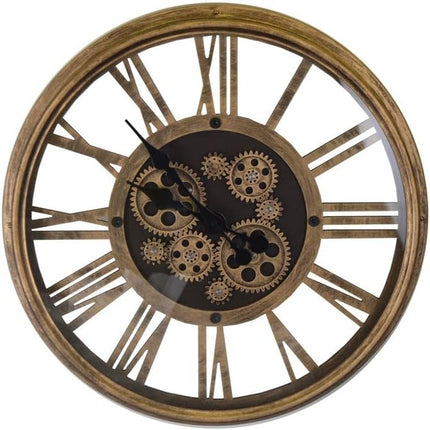 18" Antiqued Gold And Black Metal Silent Skeleton Exposed Gear Round Wall Clock HomeRoots