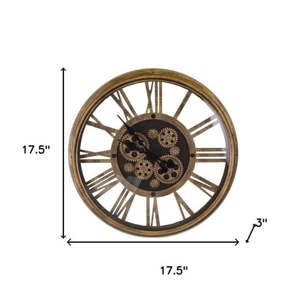 18" Antiqued Gold And Black Metal Silent Skeleton Exposed Gear Round Wall Clock HomeRoots