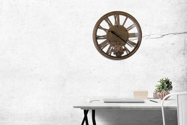 18" Antiqued Gold And Black Iron Silent Skeleton Exposed Gear Round Wall Clock HomeRoots