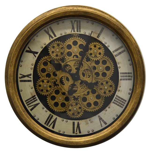 18" Antiqued Gold White And Black Iron Silent Skeleton Distressed Exposed Gear Round Wall Clock HomeRoots