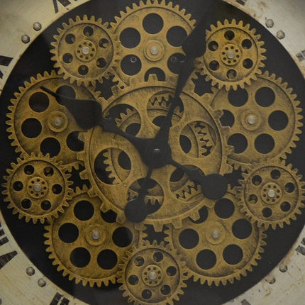 18" Antiqued Gold White And Black Metal Silent Skeleton Distressed Exposed Gear Round Wall Clock HomeRoots
