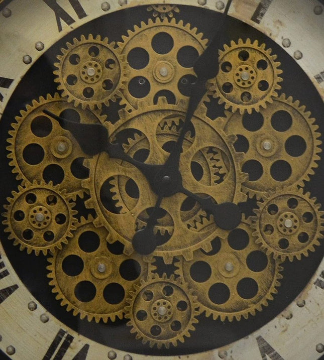 18" Antiqued Gold White And Black Iron Silent Skeleton Distressed Exposed Gear Round Wall Clock HomeRoots