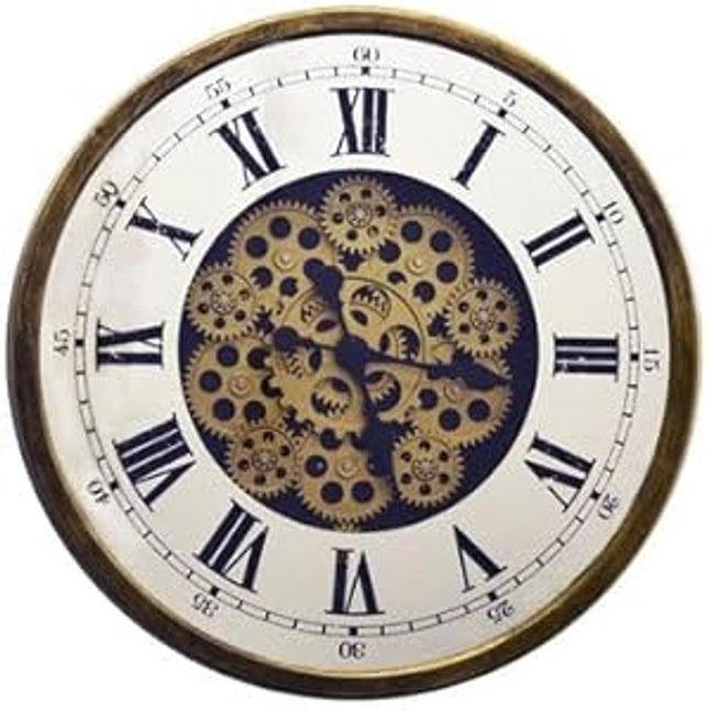 18" Antiqued Gold White And Black Iron Silent Skeleton Exposed Gear Round Wall Clock HomeRoots