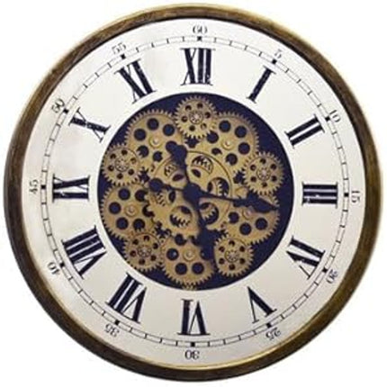 18" Antiqued Gold White And Black Metal Silent Skeleton Exposed Gear Round Wall Clock HomeRoots