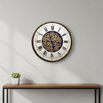 18" Antiqued Gold White And Black Metal Silent Skeleton Exposed Gear Round Wall Clock HomeRoots