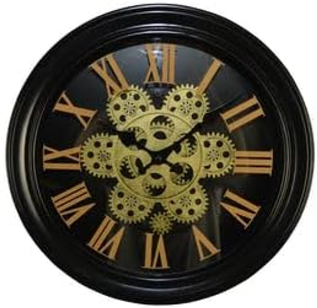 13" Black Orange And Gold Iron Silent Skeleton Distressed Exposed Gear Round Wall Clock HomeRoots