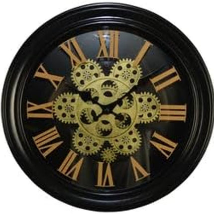 13" Black Orange And Gold Metal Silent Skeleton Distressed Exposed Gear Round Wall Clock HomeRoots