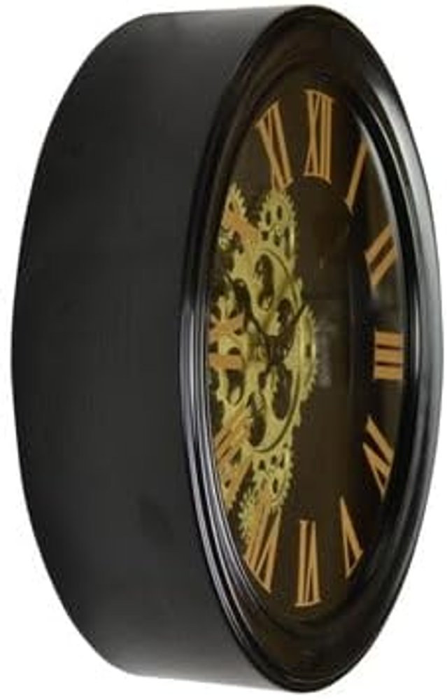 13" Black Orange And Gold Iron Silent Skeleton Distressed Exposed Gear Round Wall Clock HomeRoots