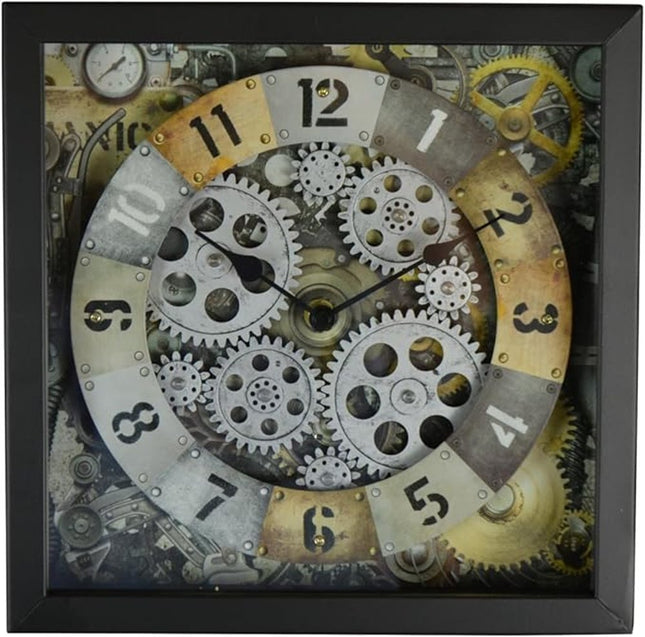 11" Black Gold And Silver Metal Silent Skeleton Distressed Exposed Gear Square Wall Clock HomeRoots