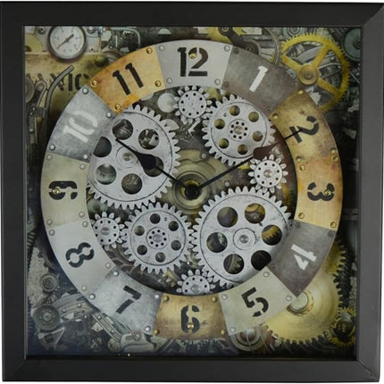 11" Black Gold And Silver Metal Silent Skeleton Distressed Exposed Gear Square Wall Clock HomeRoots