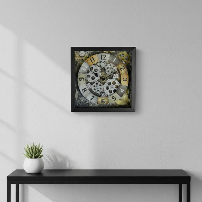 11" Black Gold And Silver Metal Silent Skeleton Distressed Exposed Gear Square Wall Clock HomeRoots