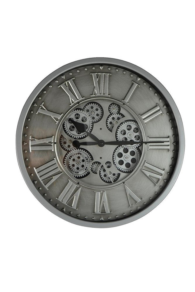 18" Silver And Black Iron Silent Skeleton Exposed Gear Round Wall Clock HomeRoots
