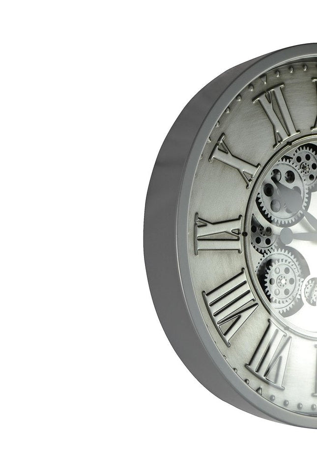 18" Silver And Black Iron Silent Skeleton Exposed Gear Round Wall Clock HomeRoots