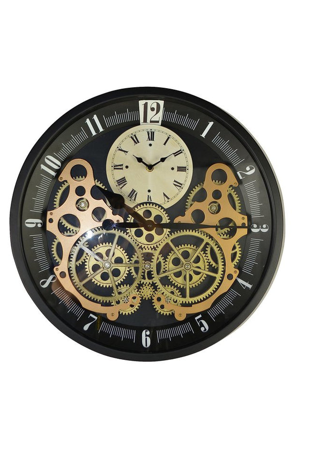 18" Black Gold And White Iron Silent Skeleton Exposed Gear Round Wall Clock HomeRoots