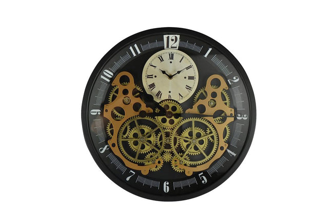 18" Black Gold And White Iron Silent Skeleton Exposed Gear Round Wall Clock HomeRoots