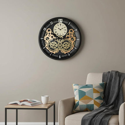 18" Black Gold And White Iron Silent Skeleton Exposed Gear Round Wall Clock HomeRoots
