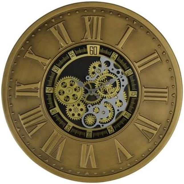 18" Black Gold And Silver Iron Silent Skeleton Exposed Gear Round Wall Clock HomeRoots