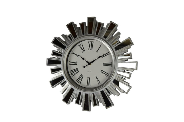19" Silver And Clear Mirrored Glass And Heavy Duty Plastic Silent Analog Sunburst Wall Clock HomeRoots