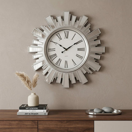19" Silver And Clear Mirrored Glass And Heavy Duty Plastic Silent Analog Sunburst Wall Clock HomeRoots