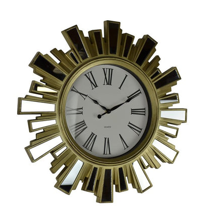 19" Gold And Clear Mirrored Glass And Heavy Duty Plastic Silent Analog Sunburst Wall Clock HomeRoots