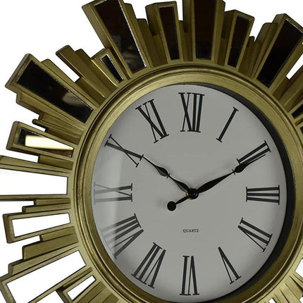 19" Gold And Clear Mirrored Glass And Heavy Duty Plastic Silent Analog Sunburst Wall Clock HomeRoots