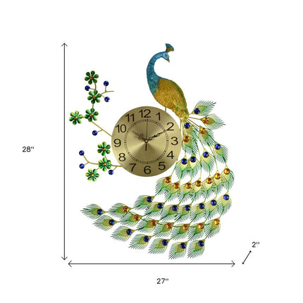 27" Gold Blue And Green Silent Analog Peacock Novelty Wall Clock HomeRoots