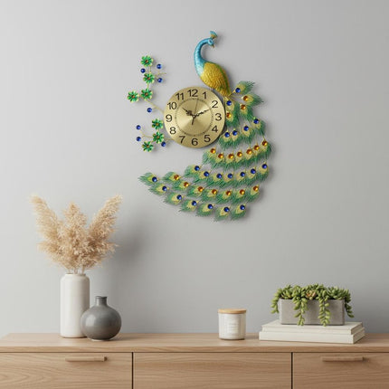 27" Gold Blue And Green Silent Analog Peacock Novelty Wall Clock HomeRoots