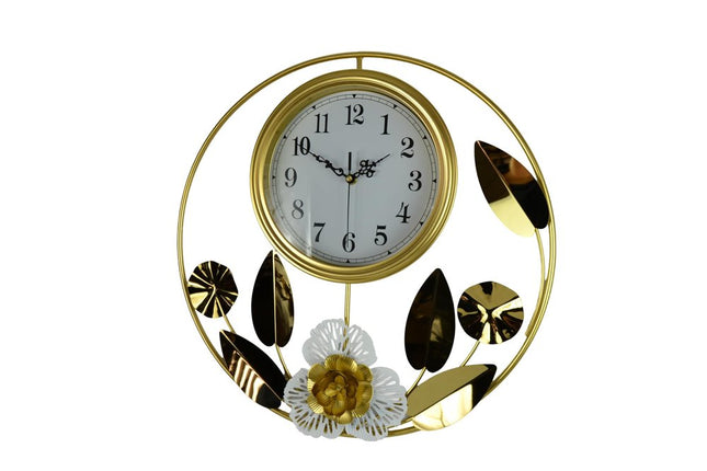 20" Gold And White Iron Silent Analog Floral Round Wall Clock HomeRoots