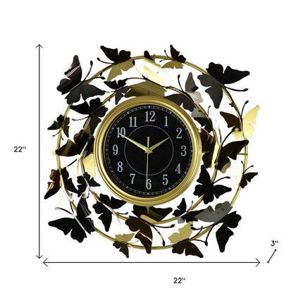 22" Gold Silver And Black Iron Silent Analog Butterfly Round Wall Clock HomeRoots