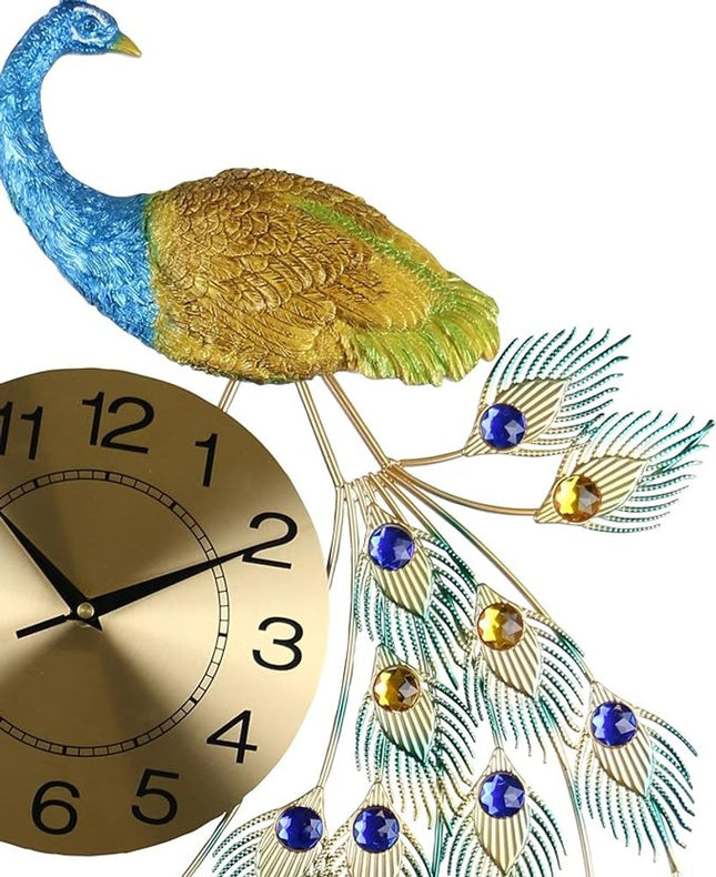 31" Blue Green And Gold Silent Analog Peacock Novelty Wall Clock HomeRoots