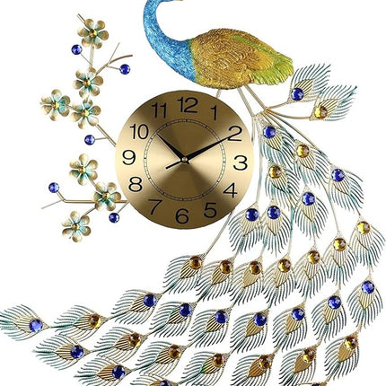 31" Blue Green And Gold Metal Silent Analog Peacock Novelty Wall Clock HomeRoots