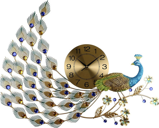 31" Gold Blue And Green Metal Silent Analog Peacock Novelty Wall Clock HomeRoots