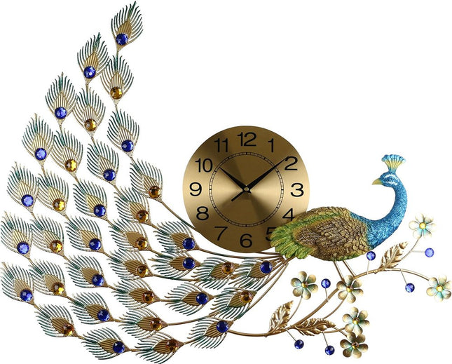 31" Gold Blue And Green Silent Analog Peacock Novelty Wall Clock HomeRoots